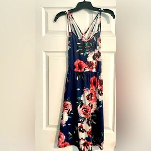 Navy blue cotton dress with pink/white flower detail